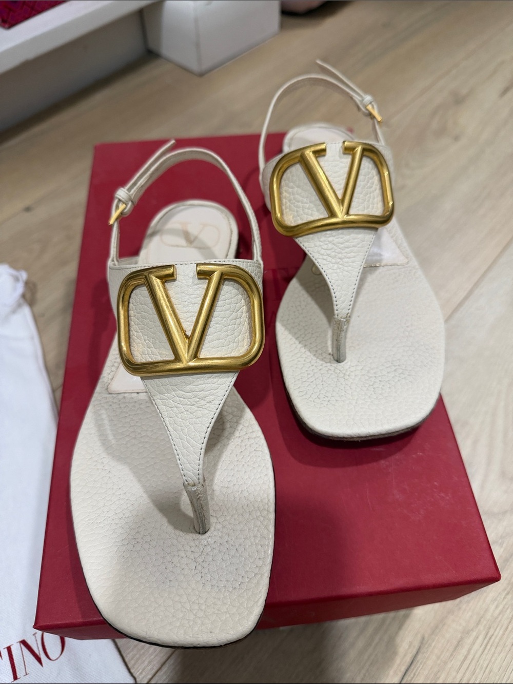Valentino Cream Leather VLogo Thong Sandals with Gold Hardware